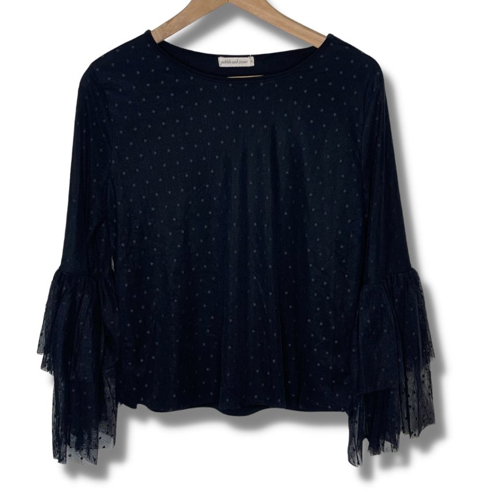 Pebble and Stone | Black Mesh Polka Dotted Top | Size M